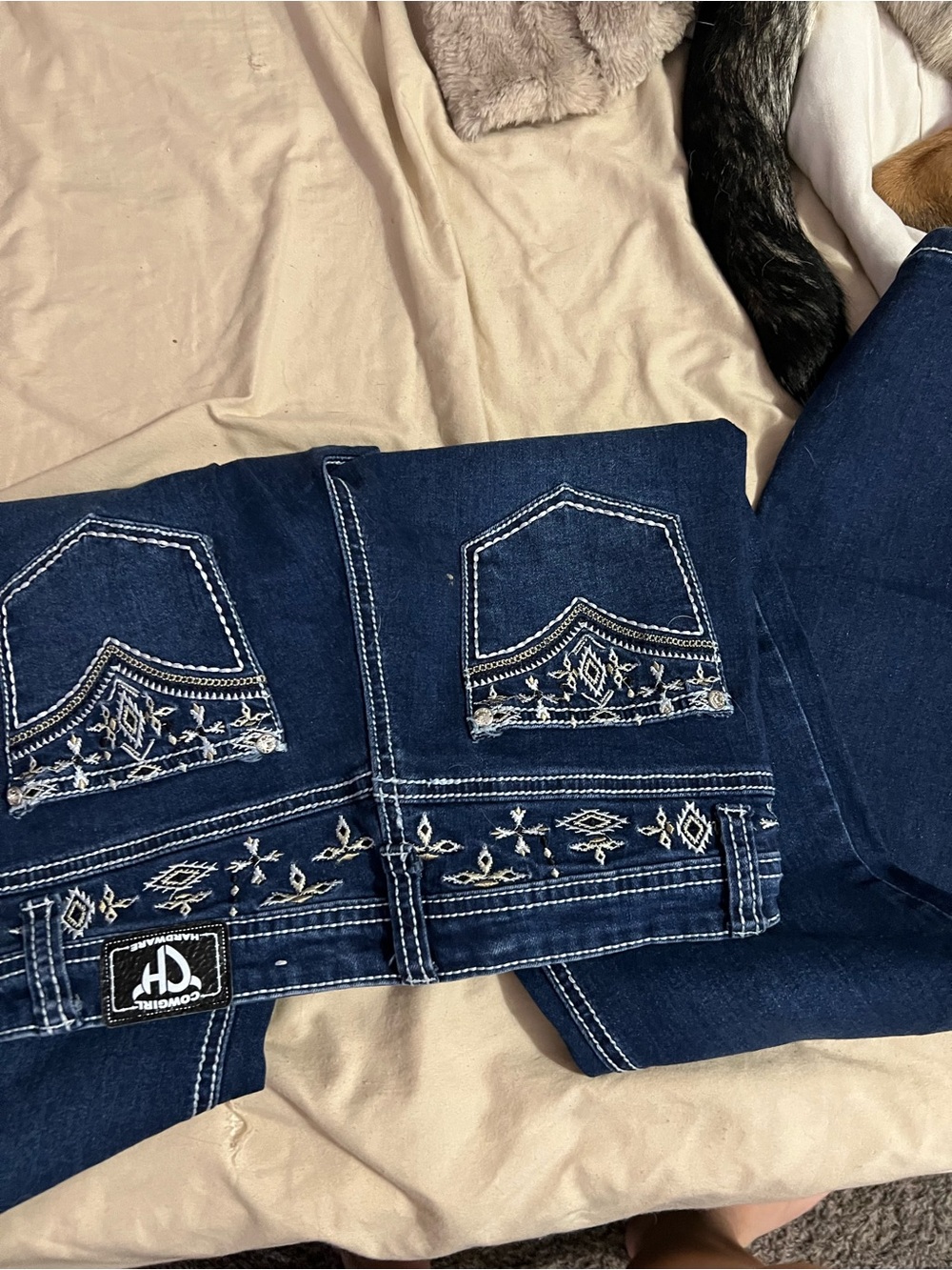 Girls Dark Blue Embroidered Bootcut Jeans